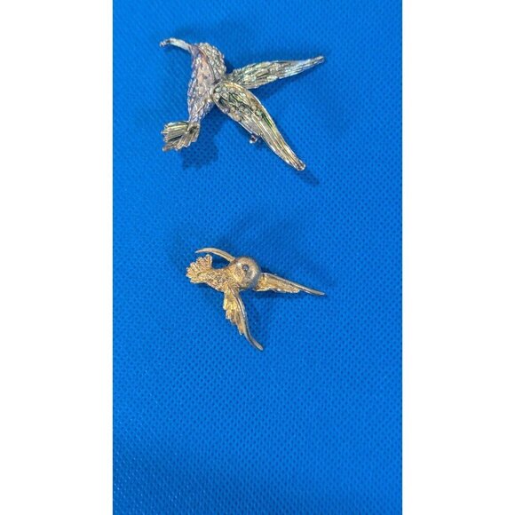 Vintage Hummingbird Brooch Pins Set Of 2 Gold Tone rhinestones sparkle - Picture 2 of 6